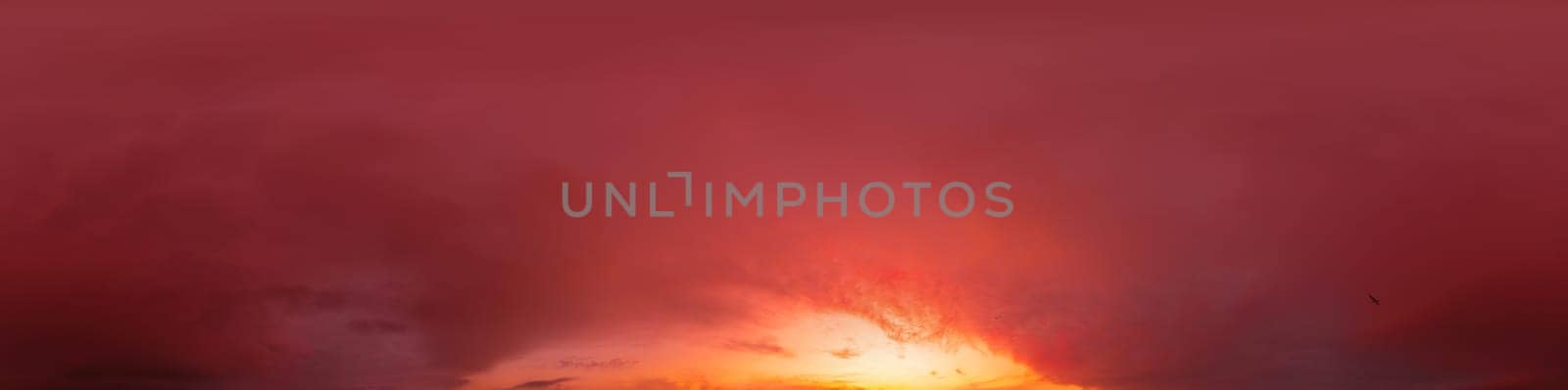 Sunset sky panorama with bright glowing pink Cumulus clouds. HDR 360 seamless spherical panorama. Full zenith or sky dome for 3D visualization, sky replacement for aerial drone panoramas. by Matiunina