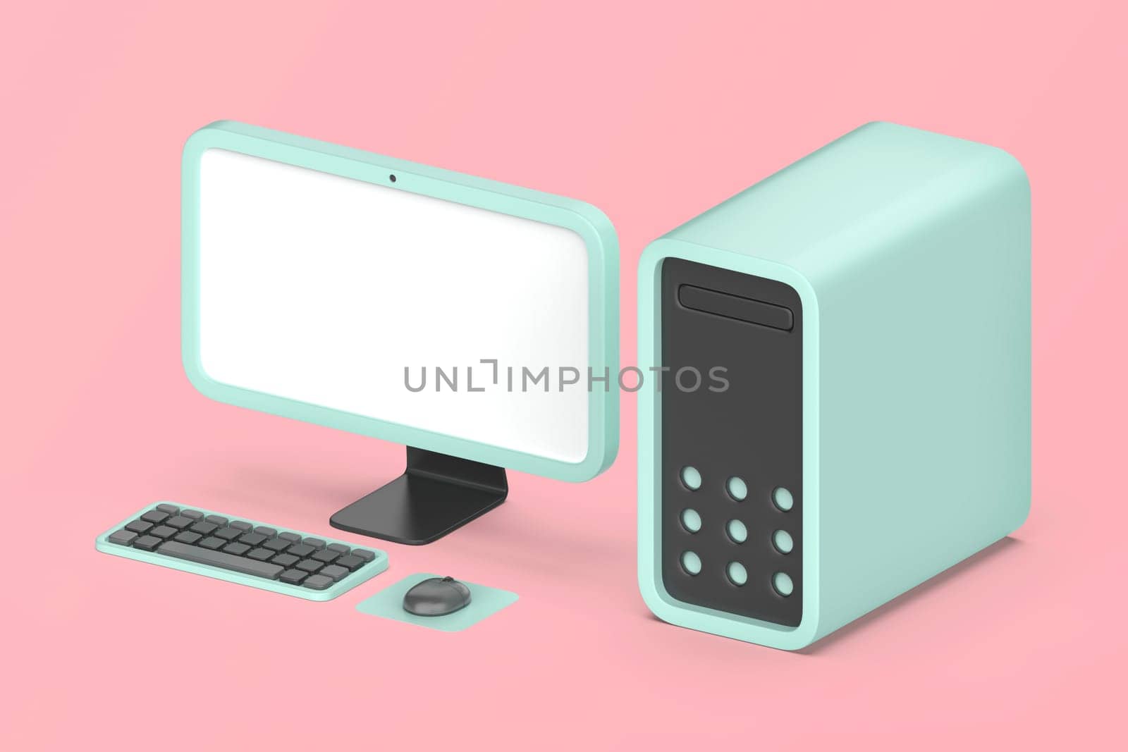 Simple desktop computer with monitor, wireless keyboard and mouse on pink background