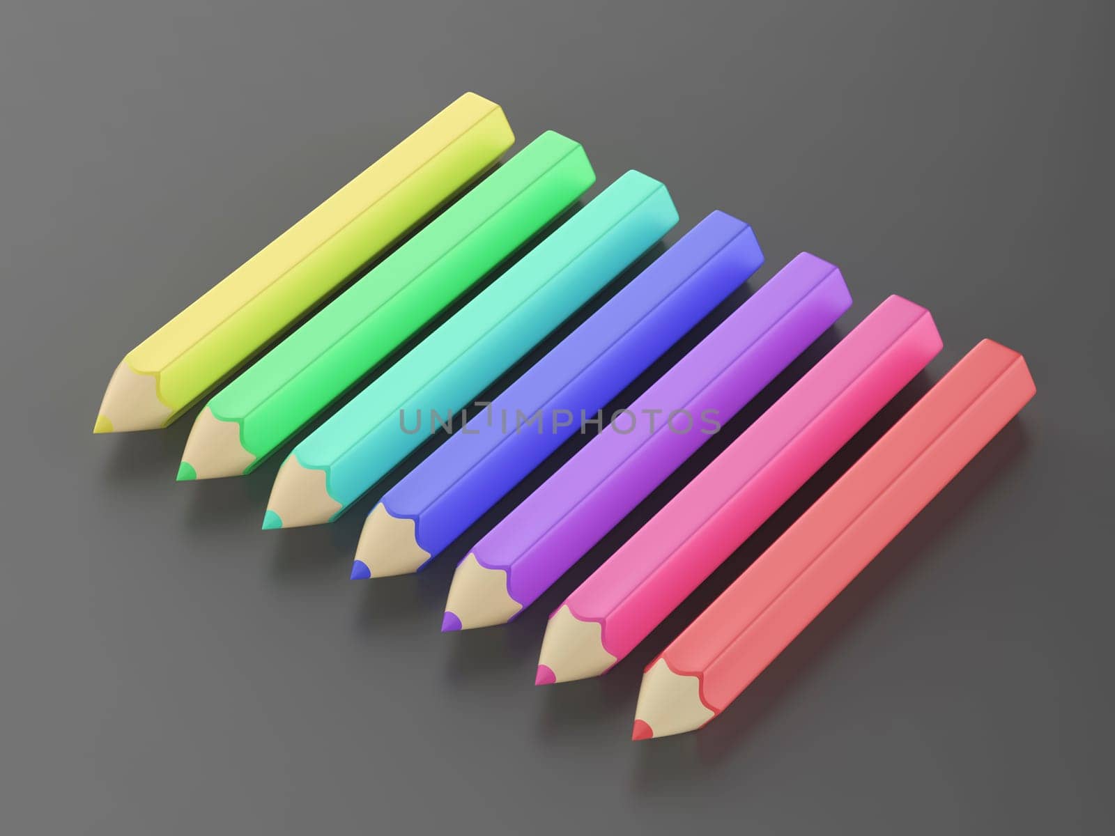 Set of seven cartoon style colored pencils on grey background