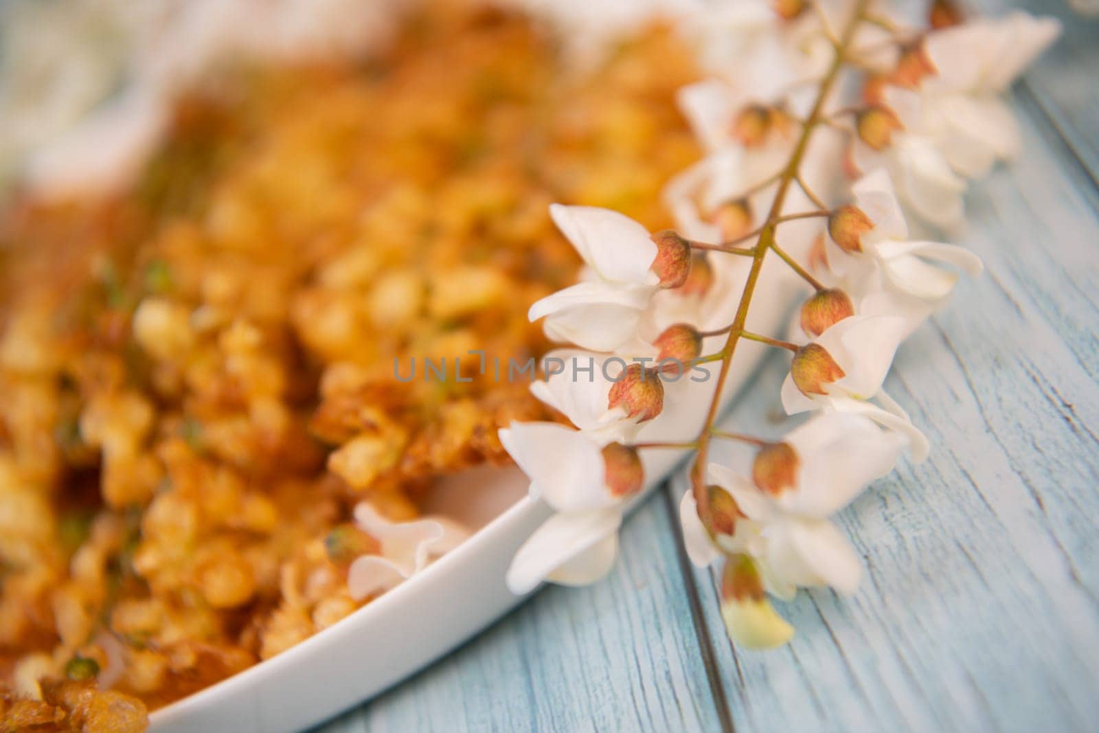 Acacia flowers fritters, Blossoming acacia with leafs, , Robinia pseudoacacia, White acacia, High quality photo