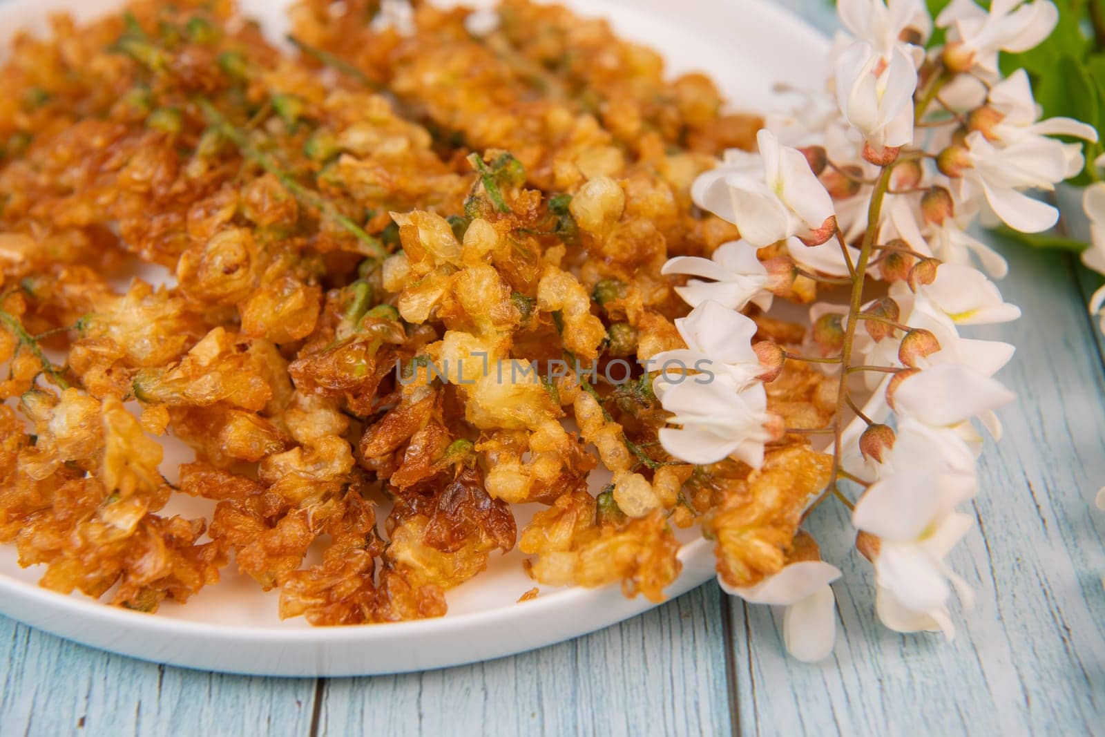 Acacia flowers fritters, Blossoming acacia with leafs, , Robinia pseudoacacia, White acacia, High quality photo