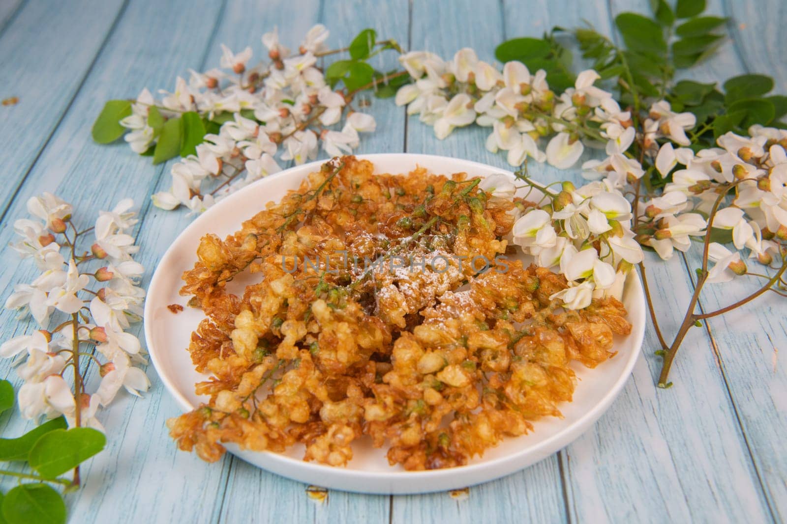 Acacia flowers fritters, Blossoming acacia with leafs, , Robinia pseudoacacia, White acacia, High quality photo
