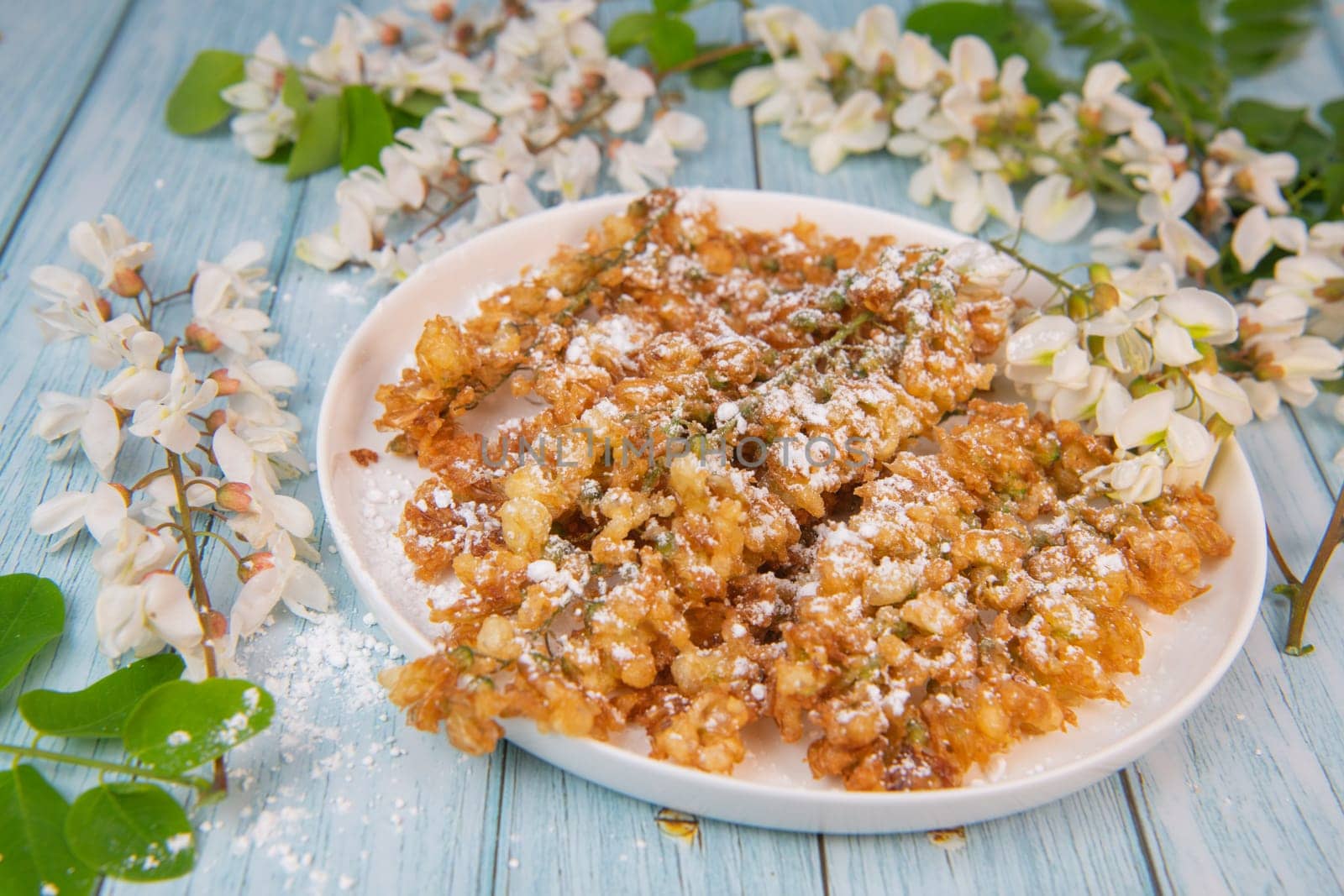 Acacia flowers fritters, Blossoming acacia with leafs, , Robinia pseudoacacia, White acacia, High quality photo