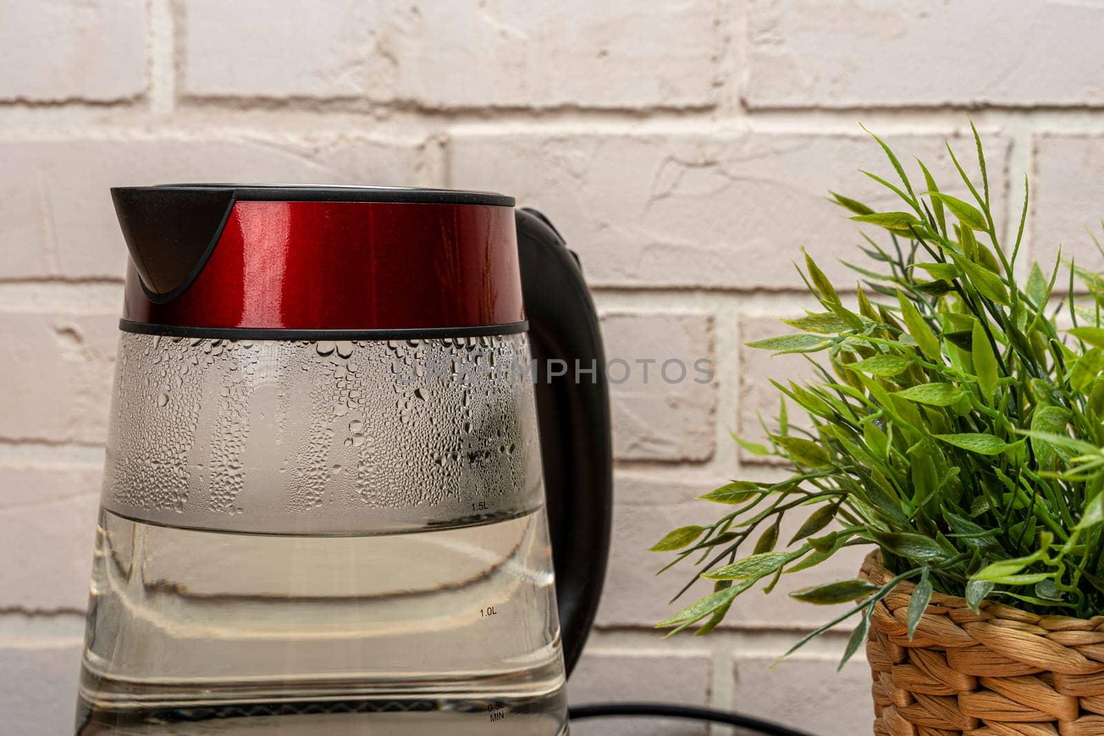 a new modern electric kettle made of heat-resistant glass in close-up with condensation drops on the walls against a light brick wall and a green flower in a pot