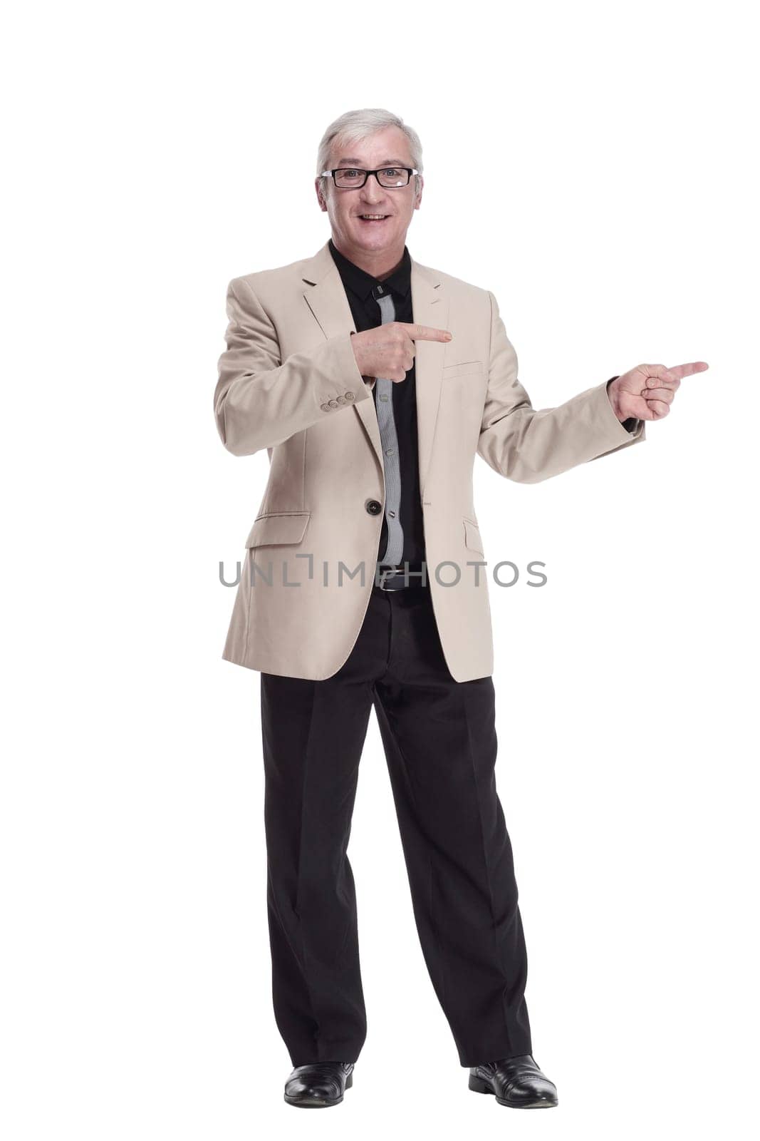 in full growth. mature man in white jacket showing thumbs up . isolated on a white background.