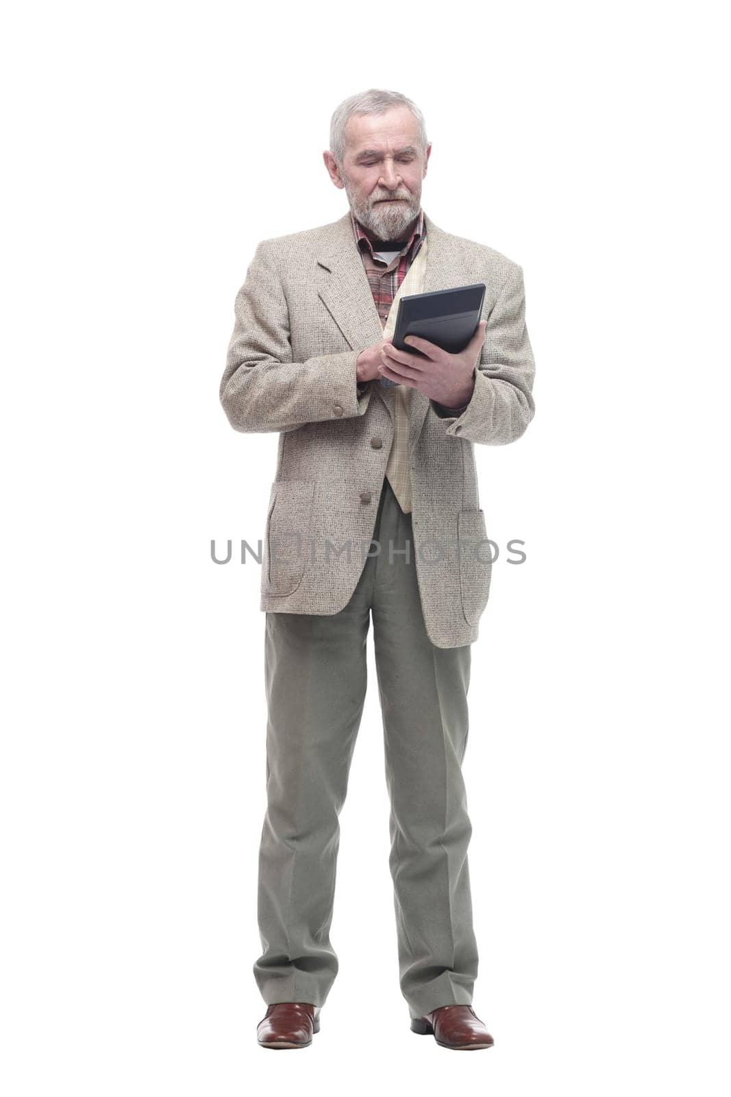 elderly business man with a calculator. isolated on a white background.