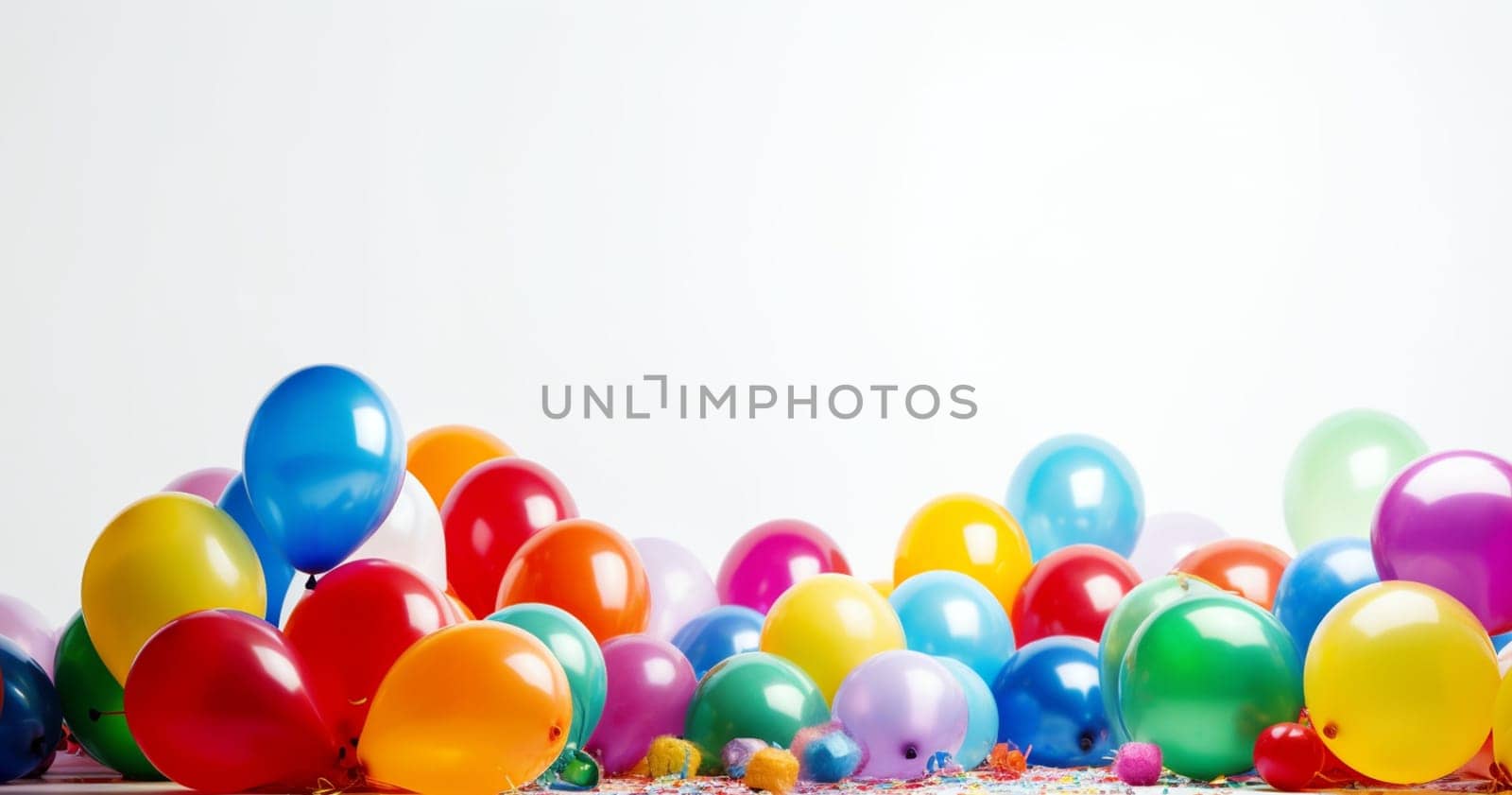 colorful party balloons on white background. Festive party and Happy birthday decoration with copy space. set of multicolored balloons space for text