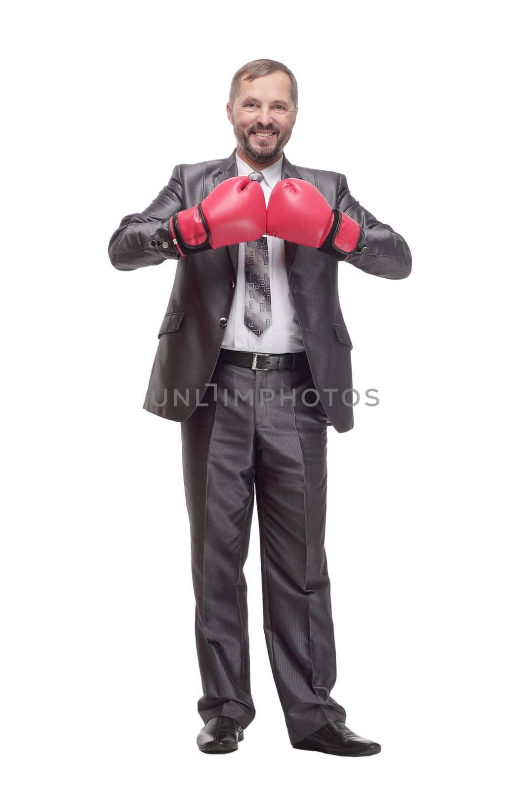 full-length. business man in Boxing gloves. isolated on a white background.