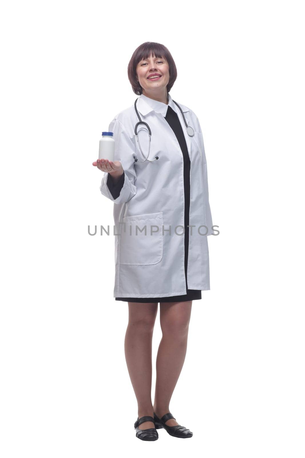in full growth. sanitizer in the hands of a female doctor . isolated on a white background.