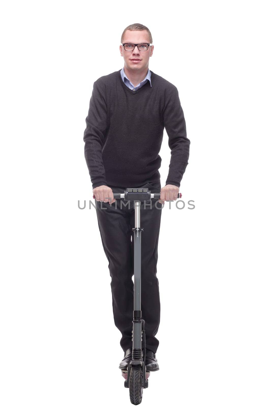 Full length portrait of a cheerful cool man with a scooter gesturing ok with his hand isolated on white background