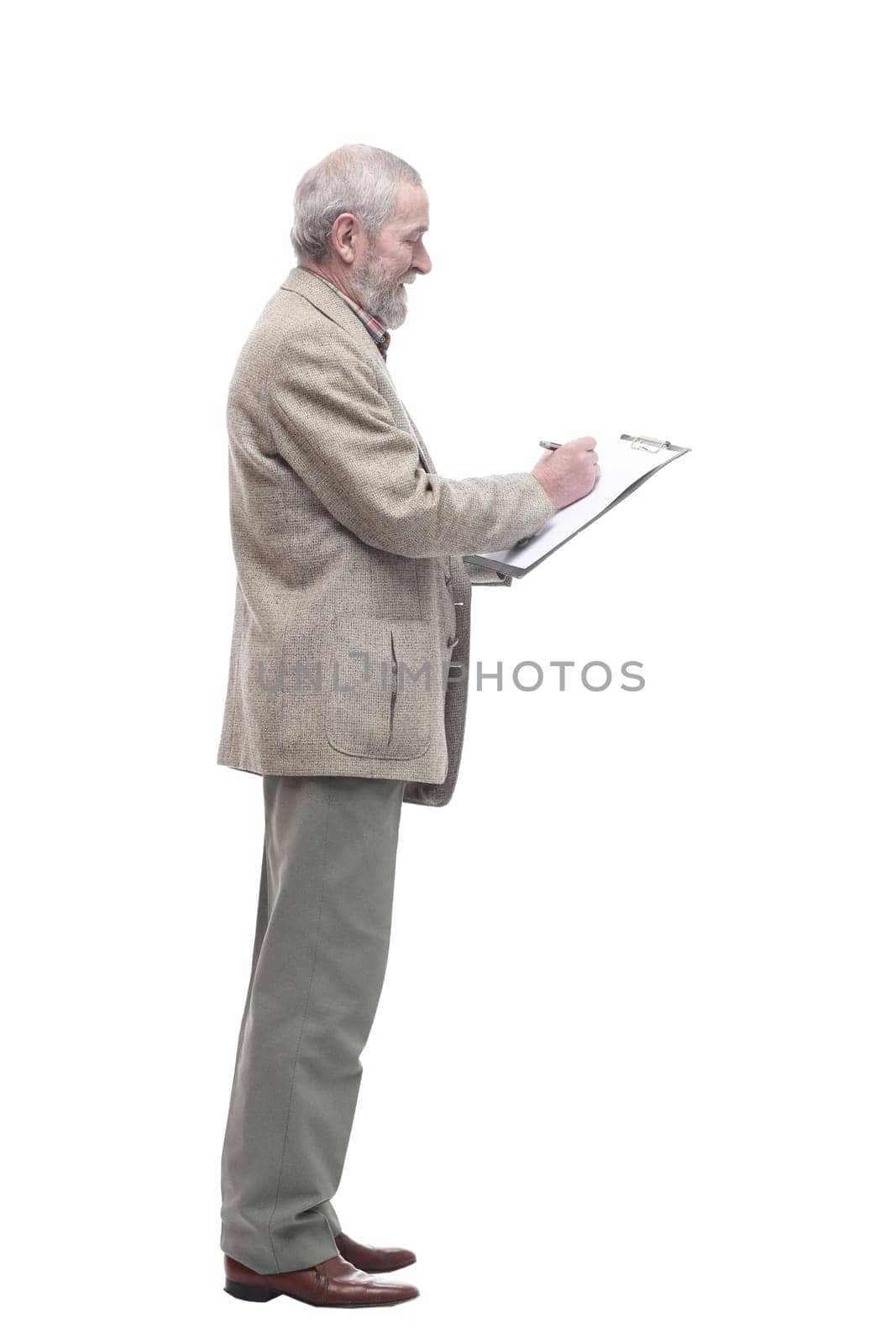 in full growth. elderly business man with a clipboard. isolated on a white background.
