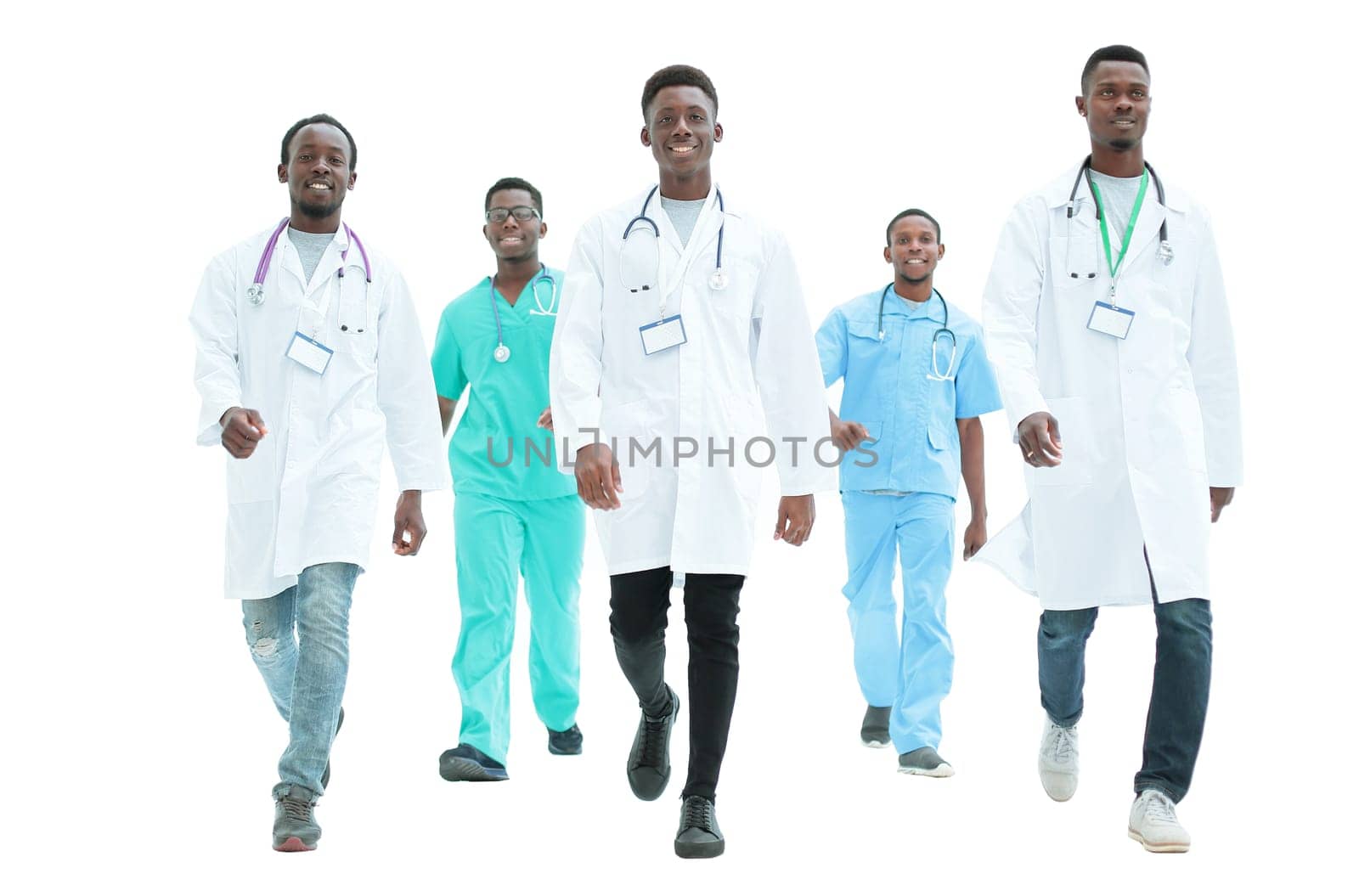 group of different doctors rush to the rescue. isolated on white background