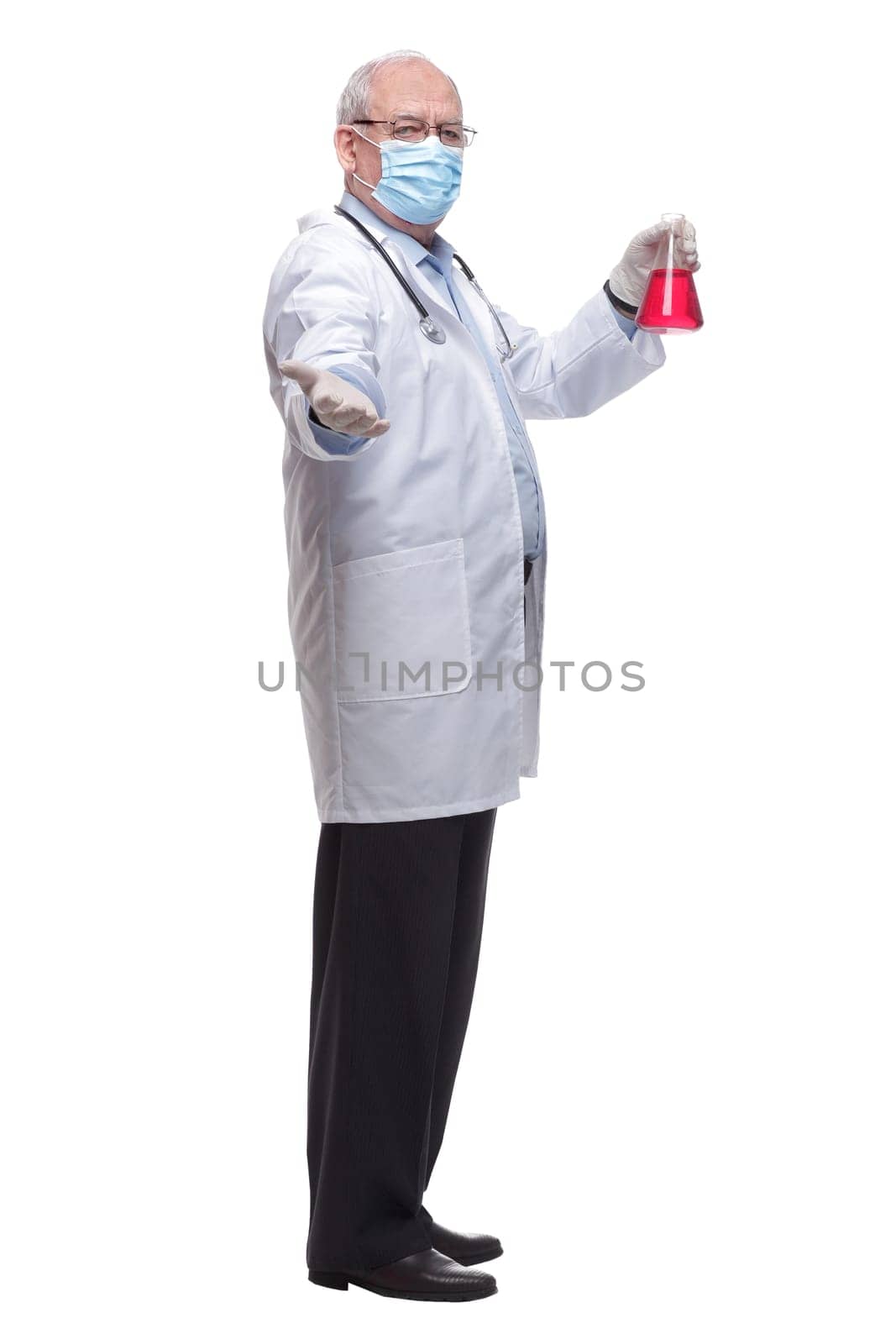 side view. a doctor with a lab flask looking at you. isolated on a white background