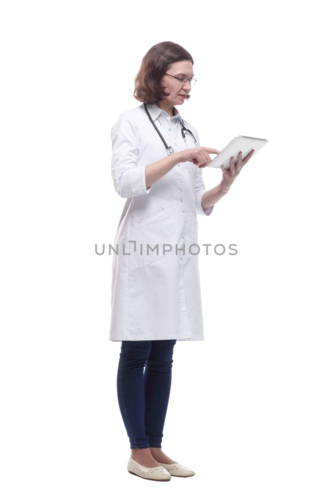 female doctor with a digital tablet. isolated on a white background.