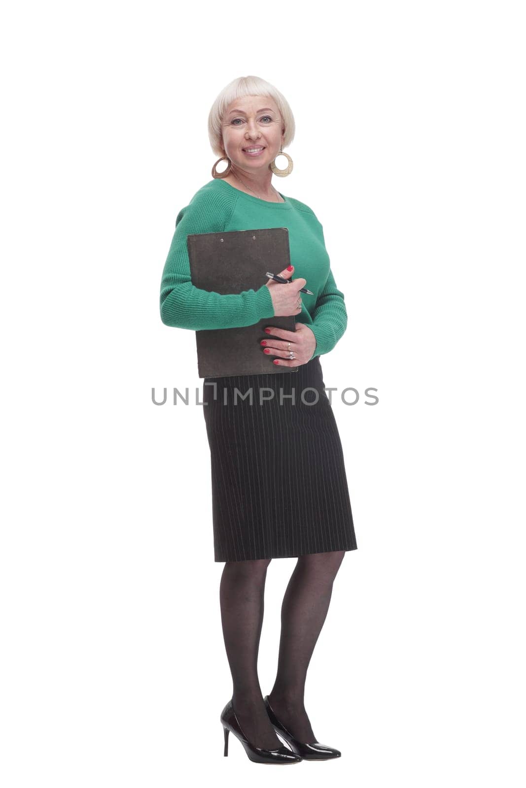 in full growth. smiling woman with clipboard. isolated on a white background.
