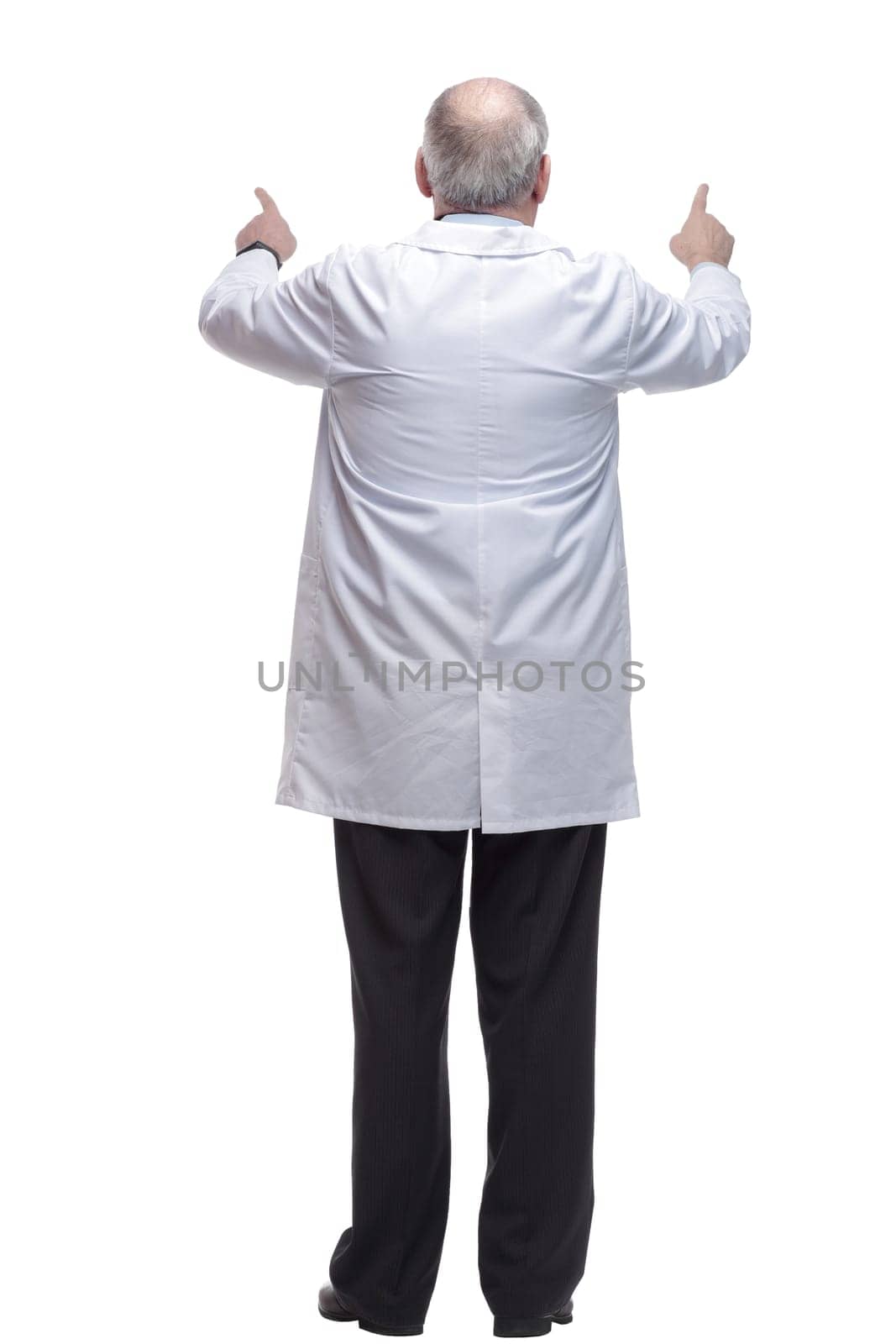 rear view. medical doctor reading an ad on a white screen . isolated on a white background
