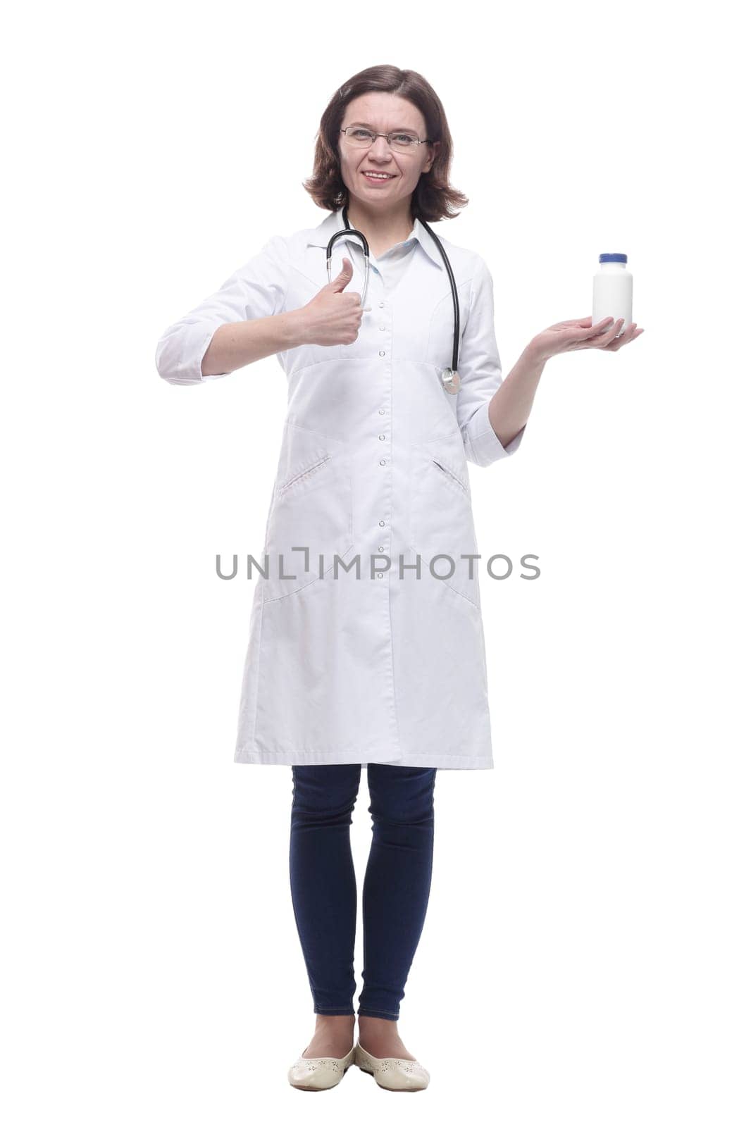 Mature female doctor with disinfectant in hand. isolated on a white background.