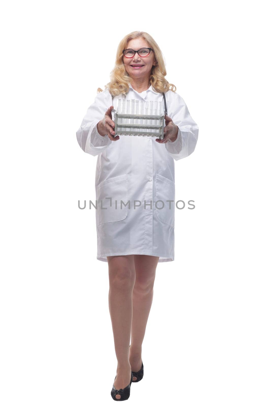 in full growth. laboratory assistant with laboratory tests. isolated on a white background.
