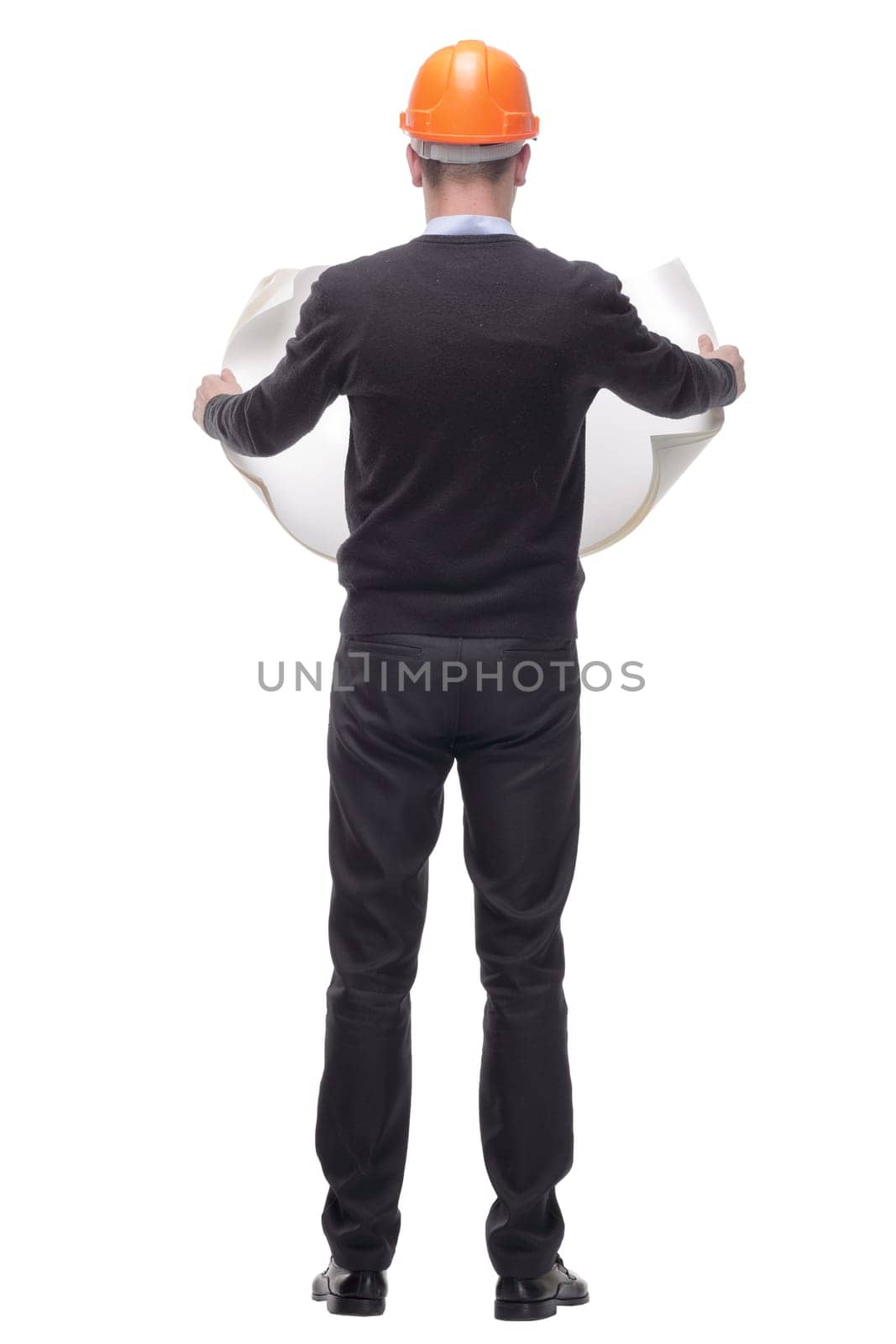 back view of handsome business man in orange builder's helmet isolated on white background