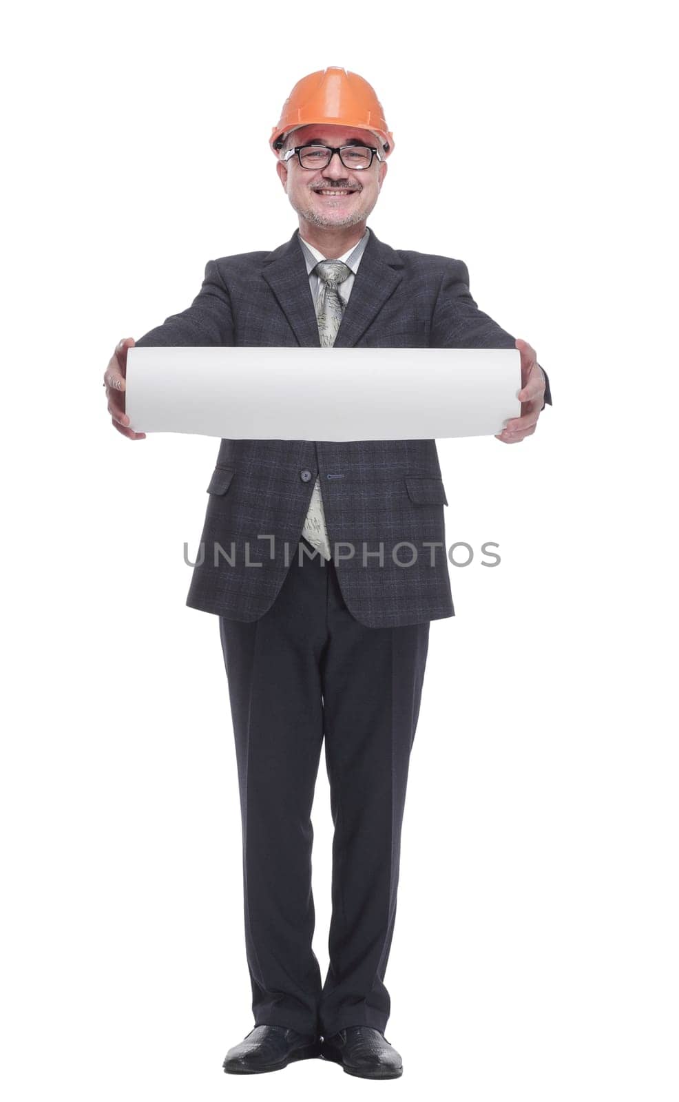 in full growth. smiling architect offering his project to you. isolated on a white