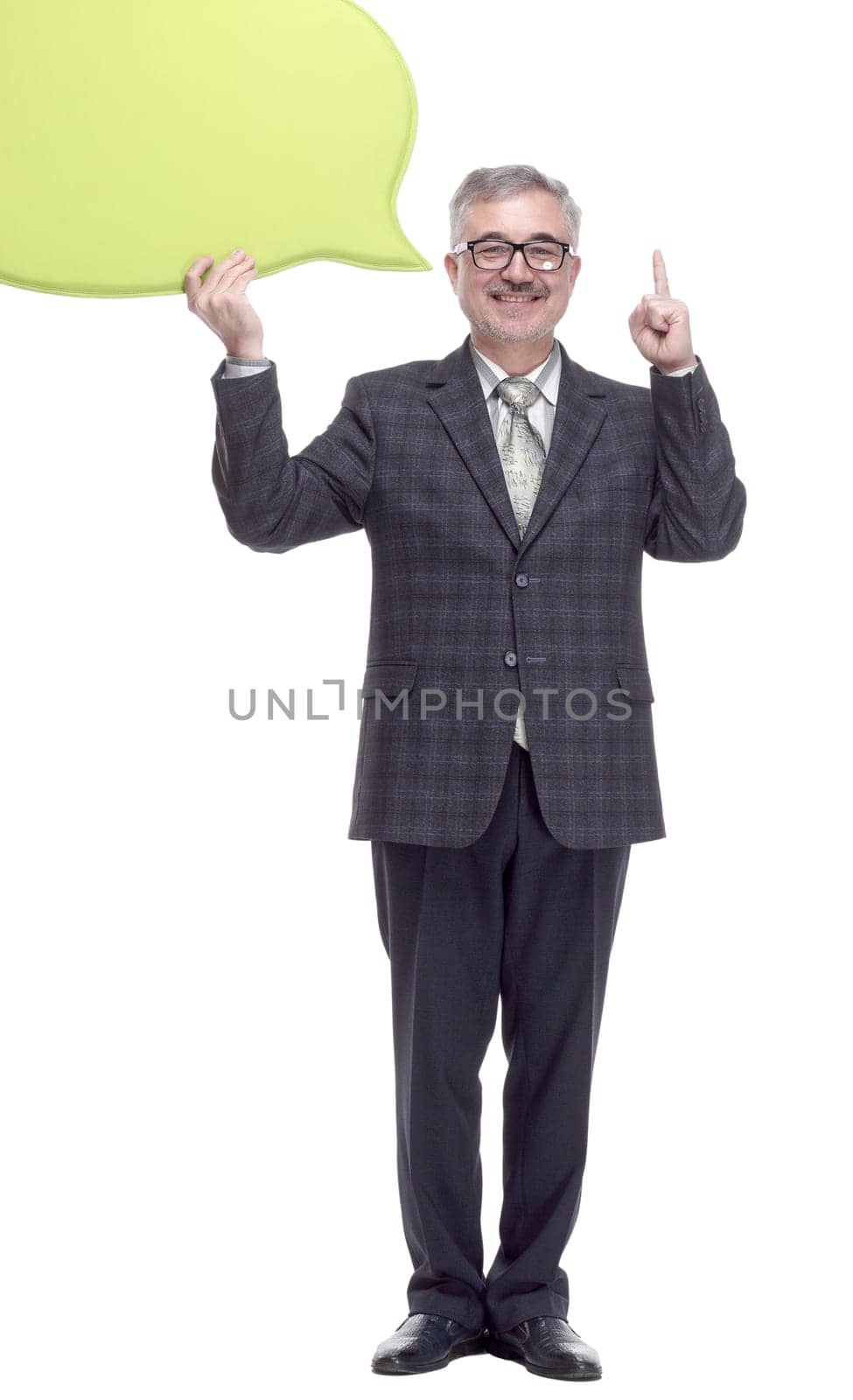 in full growth. casual man with a thought bubble pointing up. isolated on a white background