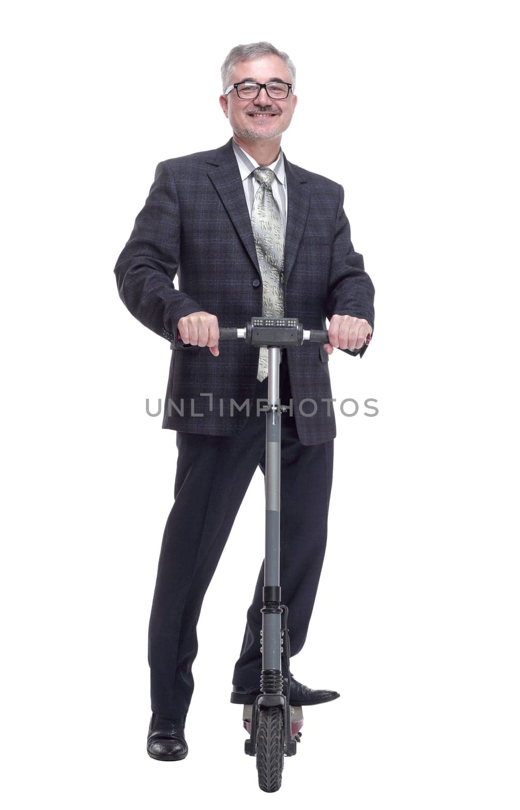 in full growth. Mature man with electric scooter showing thumbs up. isolated on a white