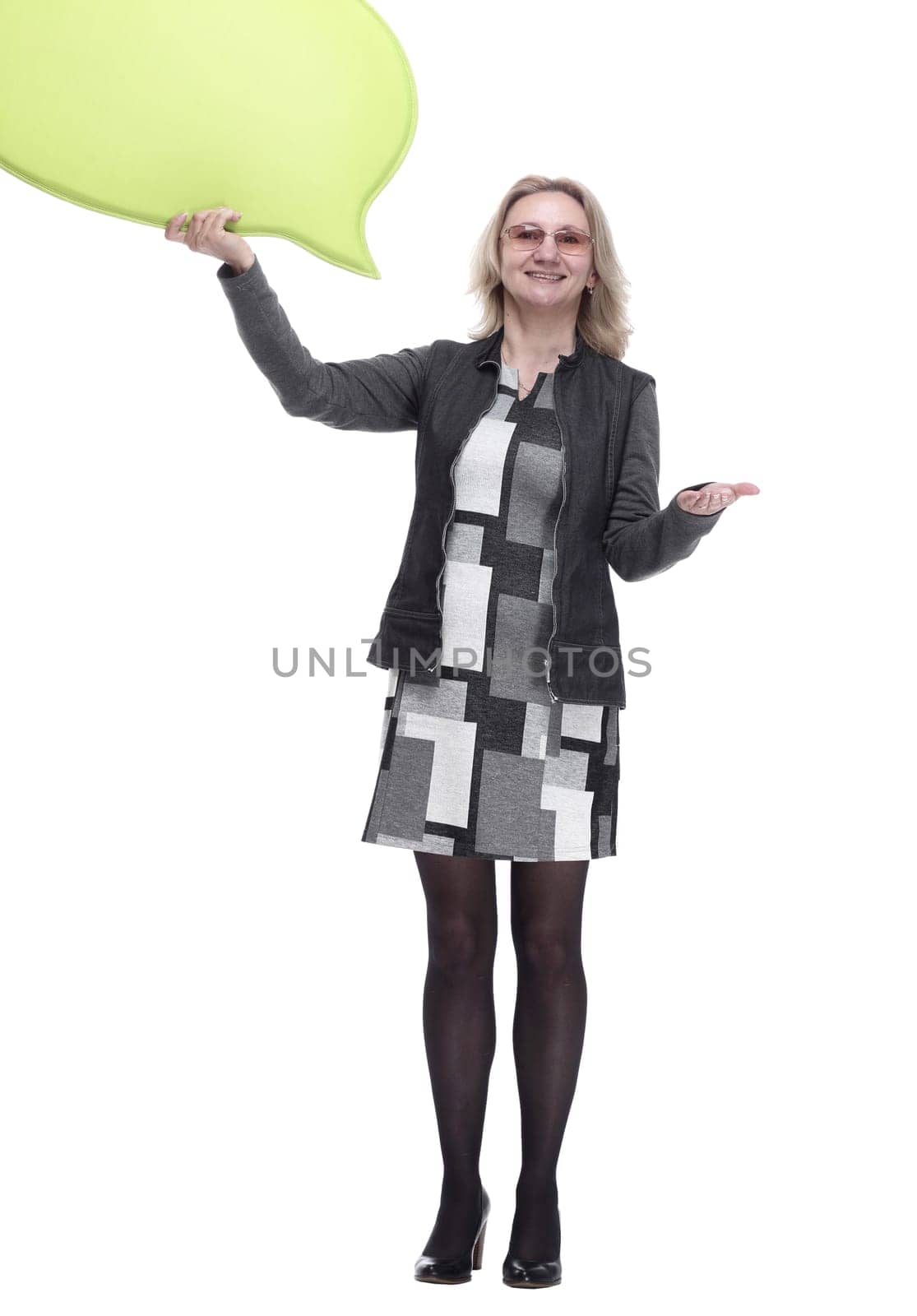 in full growth. a young woman with a speech bubble. isolated on a white background