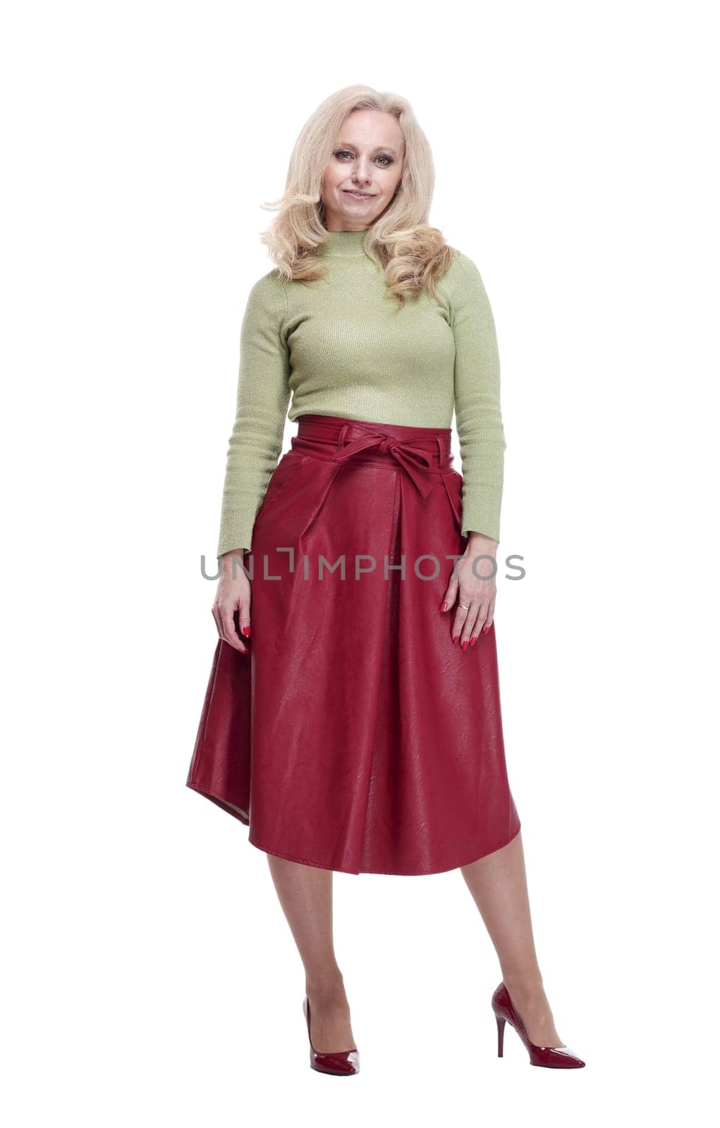 side view. a friendly young woman in a headset looking at you. isolated on a white background