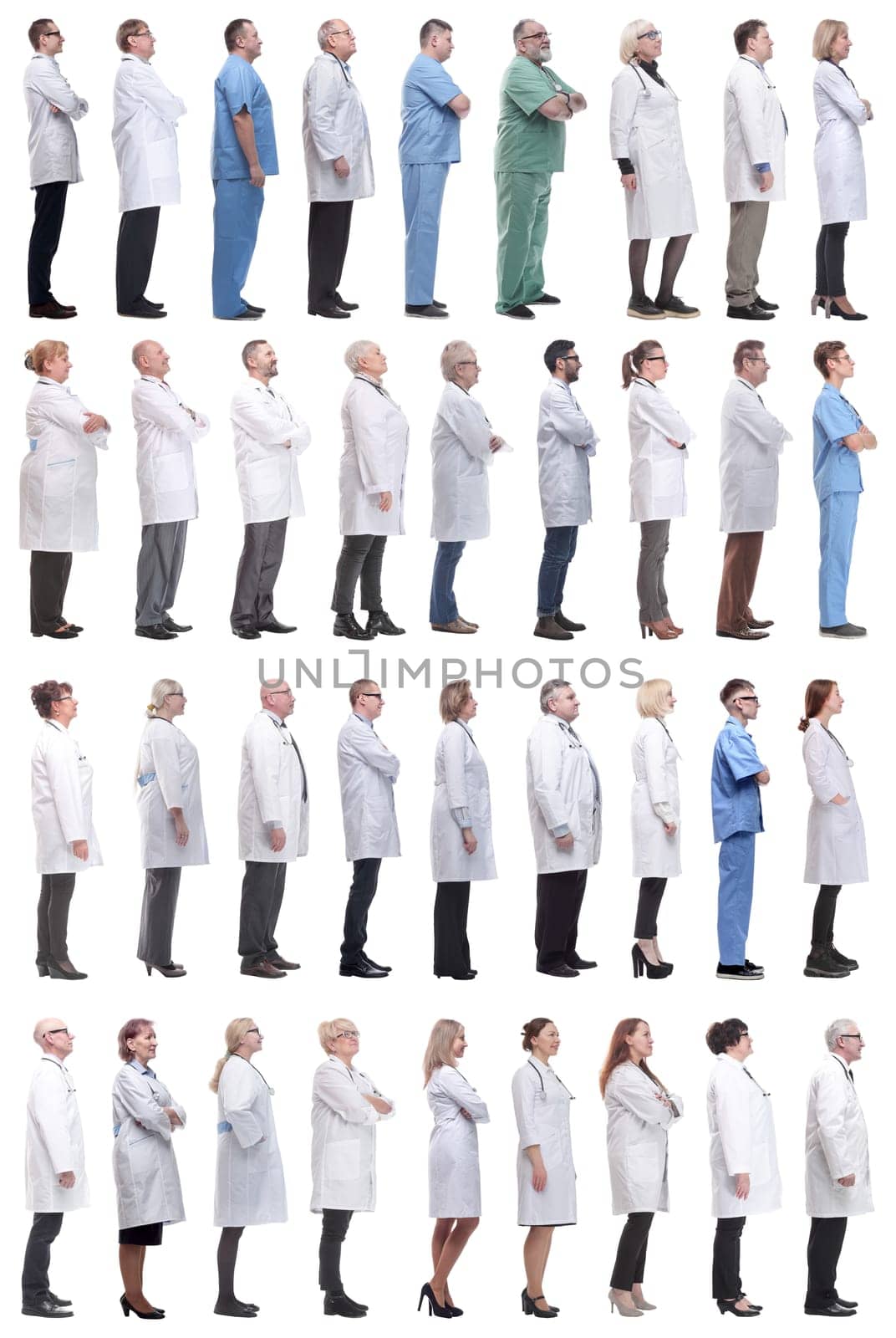 group of doctors in profile isolated on white background