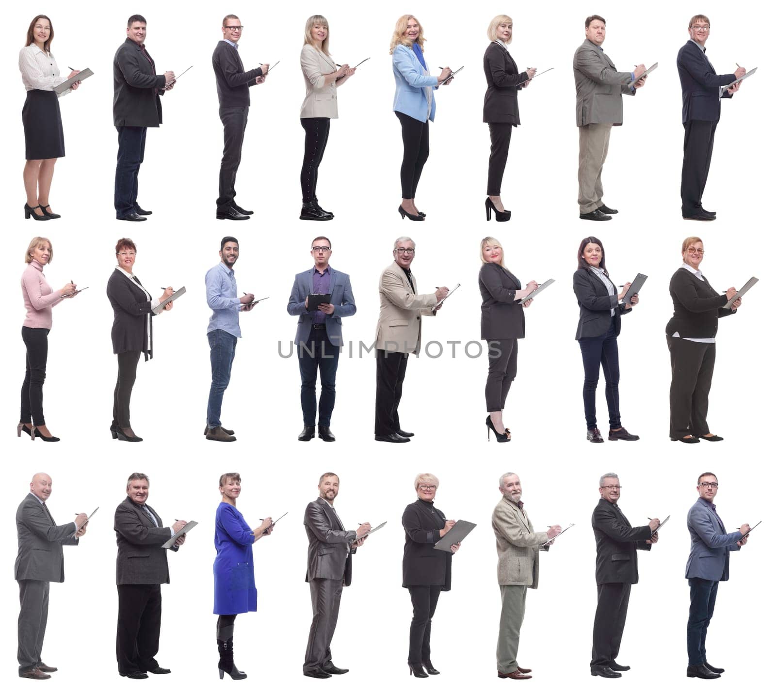group of successful people with notepad in hands isolated by asdf