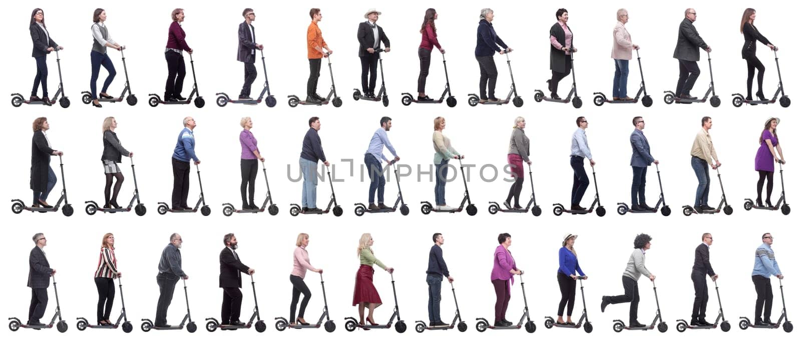 group of successful people on scooter isolated on white background