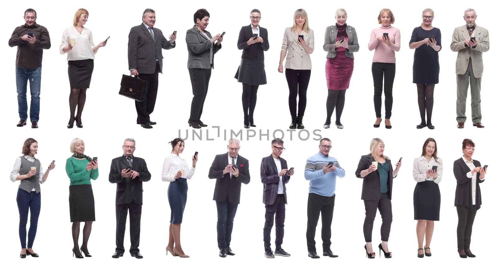 a group of people hold a phone in their hand and look into the phone isolated on a white background