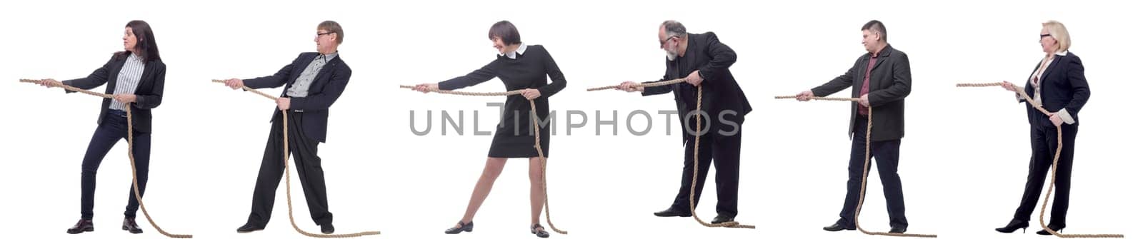 Business people pulling rope isolated on white background