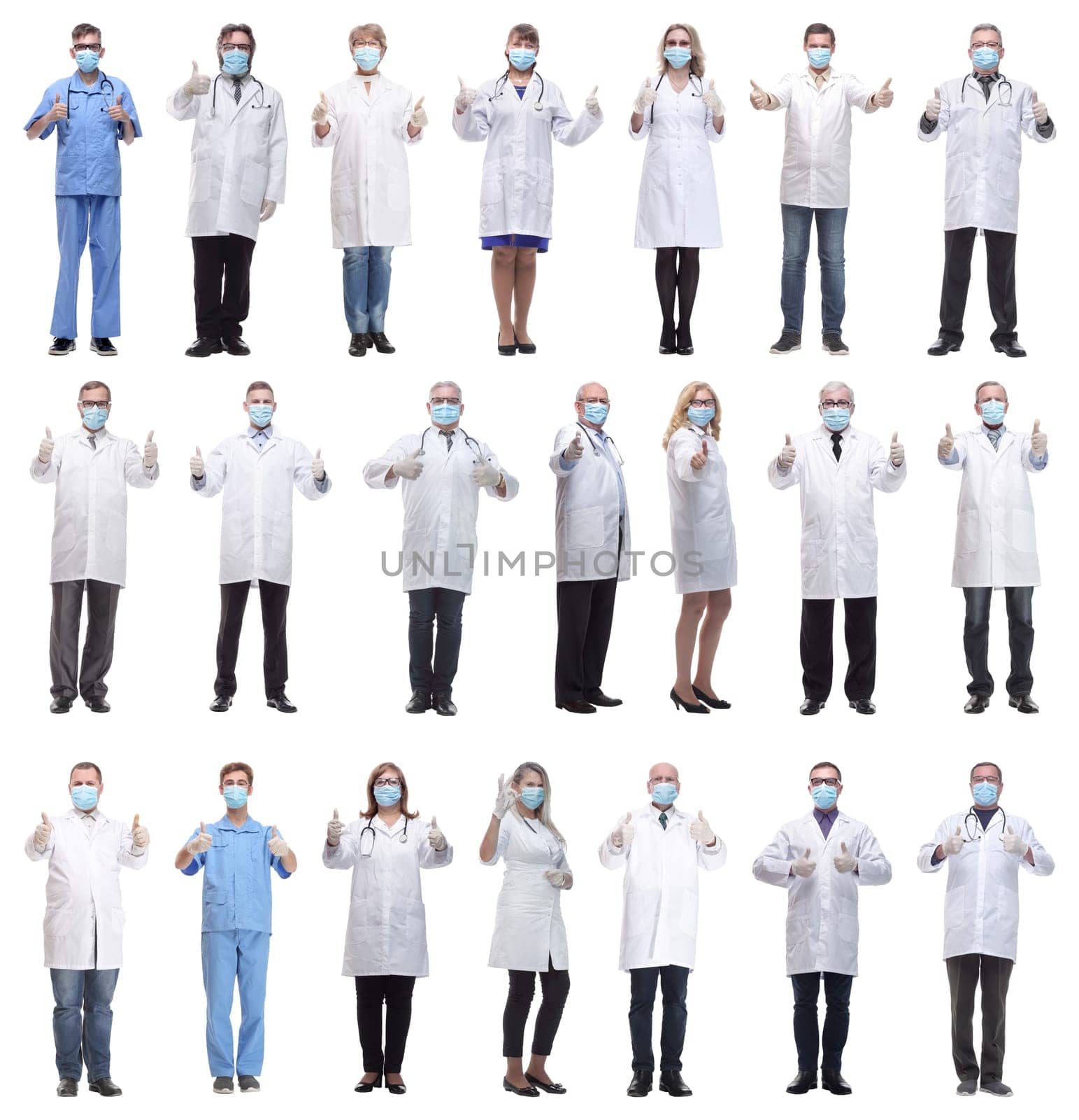 group of doctors in mask isolated on white background