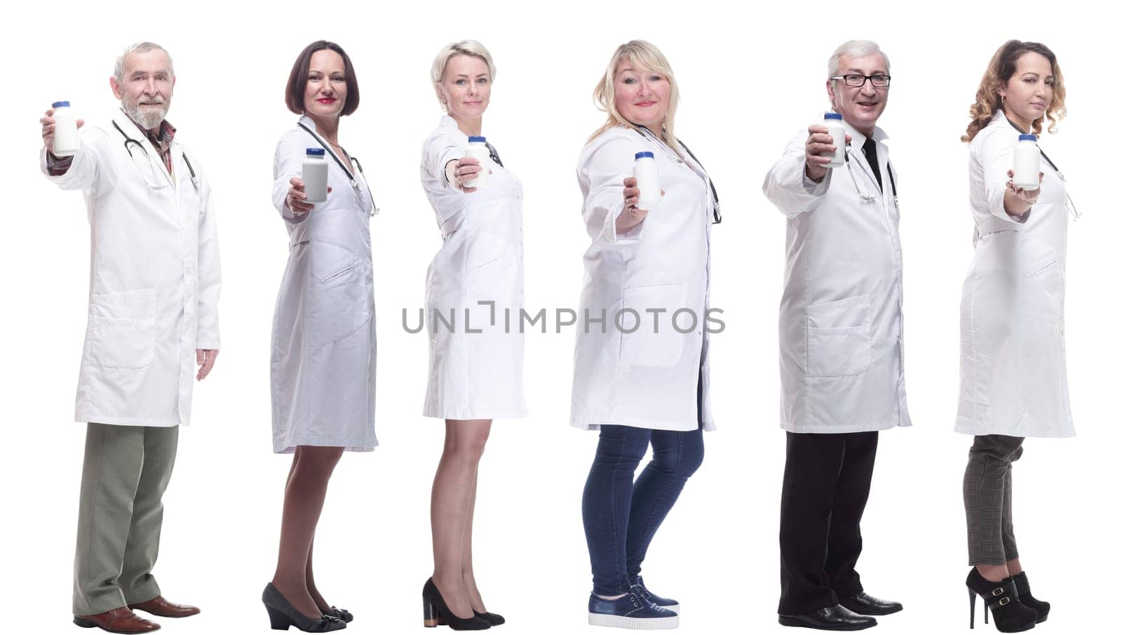 group of doctors holding jar isolated on white by asdf