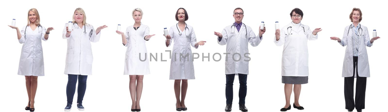 group of doctors holding jar isolated on white by asdf