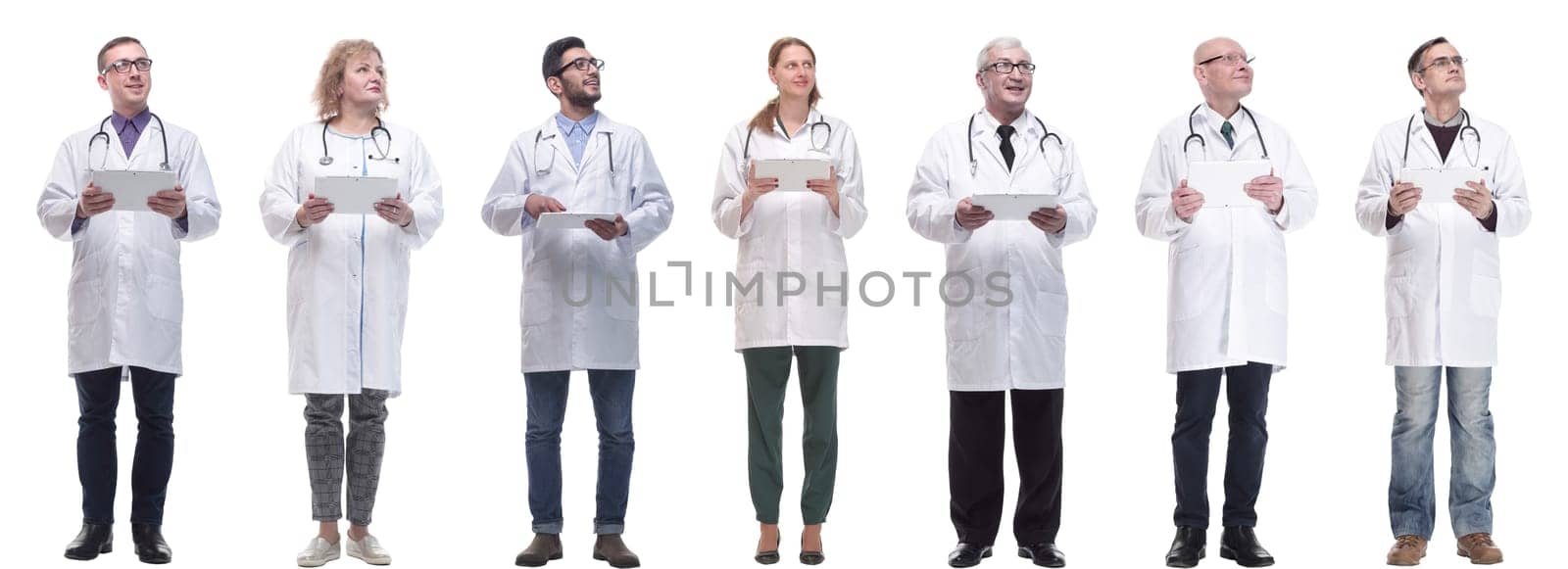 group of doctors with clipboard isolated on white by asdf