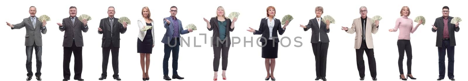 group of successful business people with money isolated on white background