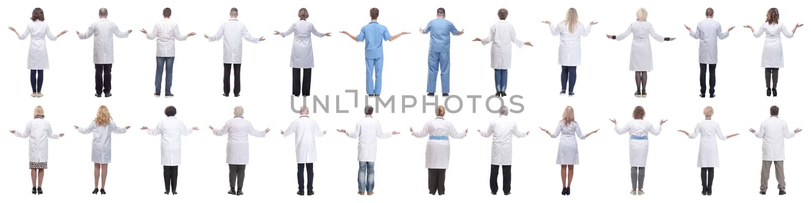 group of doctors standing with their backs isolated on white background