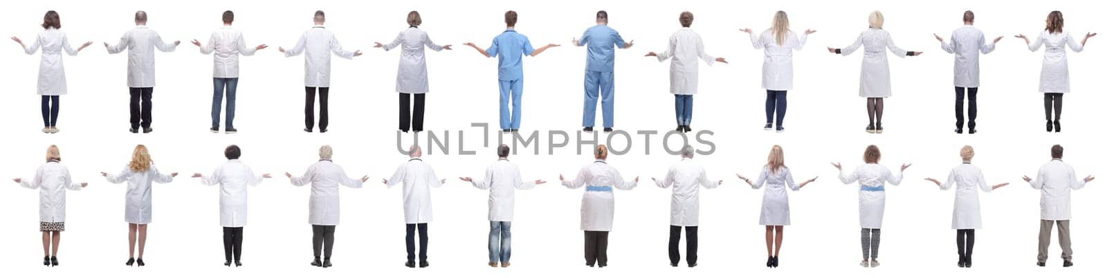 group of doctors standing with their backs isolated on white background