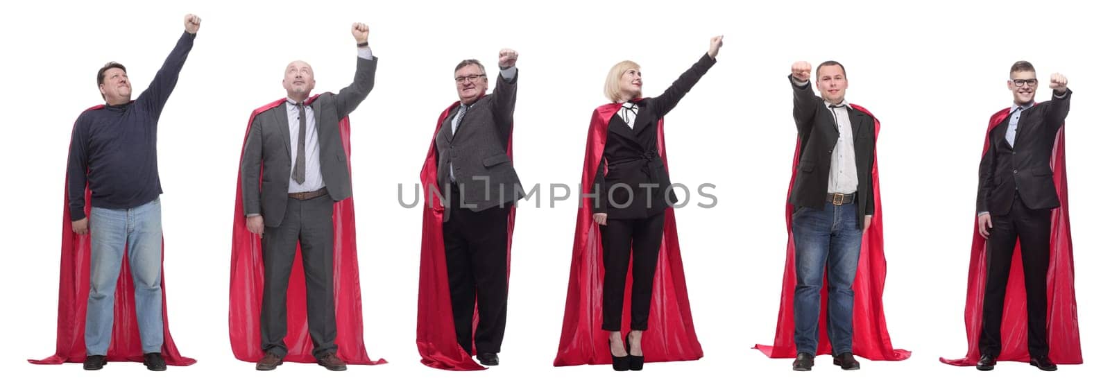 group of people in red raincoat isolated on white background