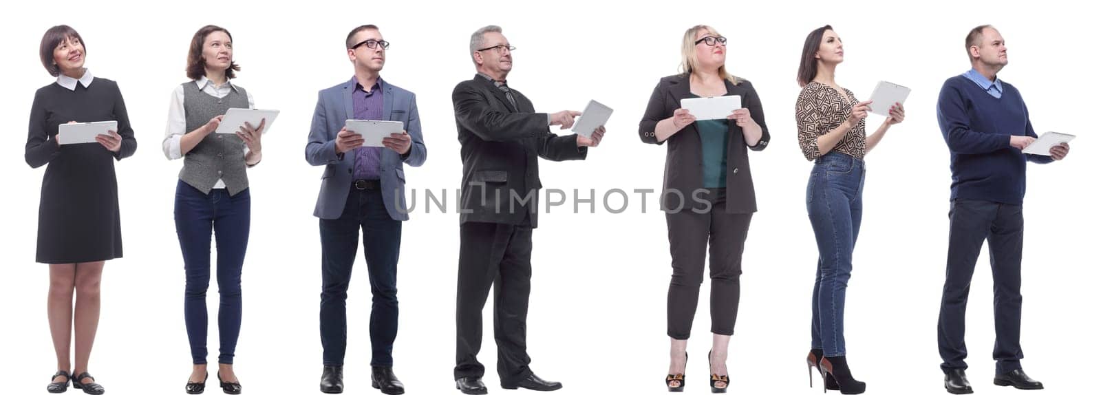 a group of people are holding a tablet and looking to the side isolated on a white background
