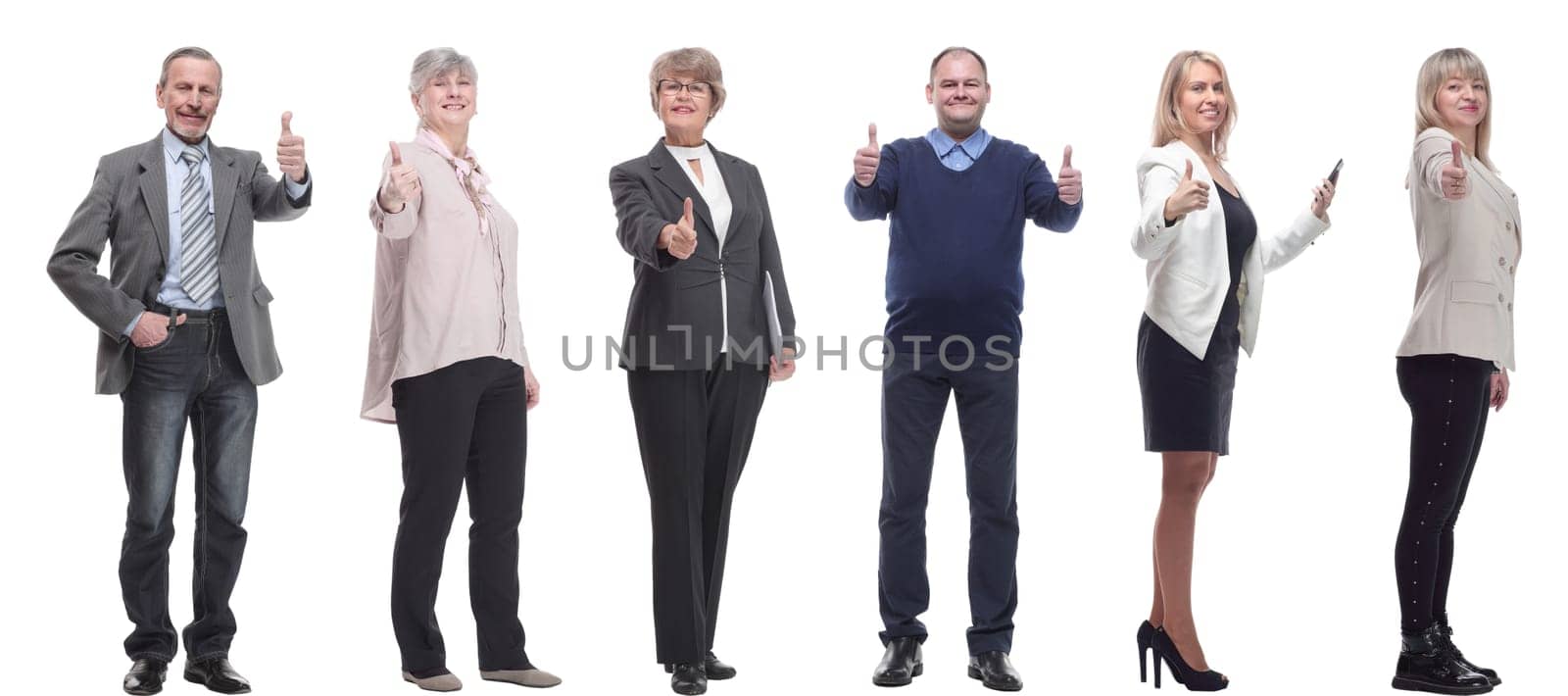 group of business people holding thumb up isolated on white background