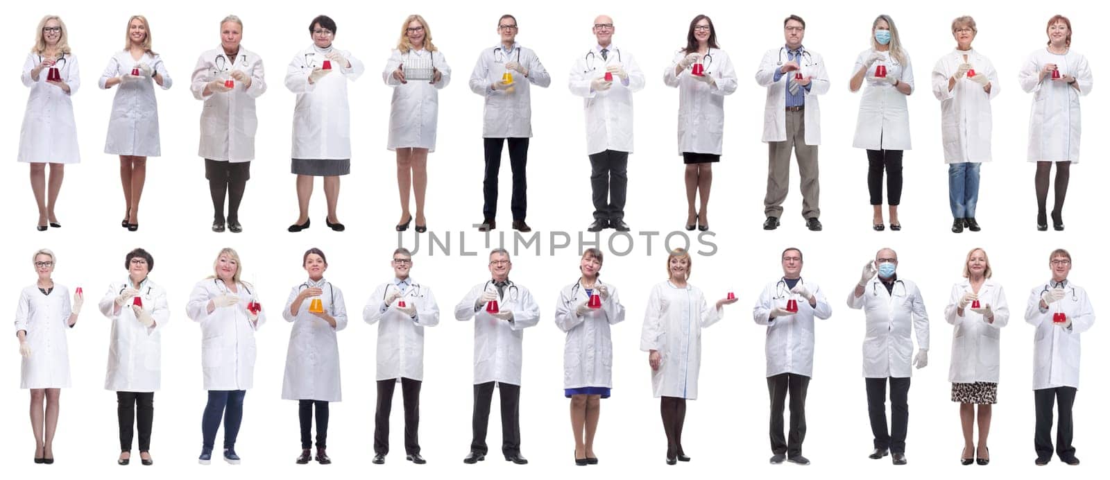 laboratory assistant holding a flask with liquid isolated on white background