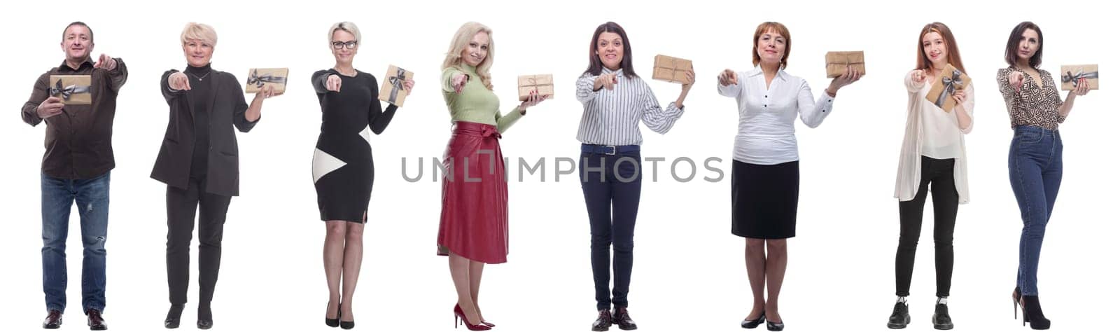 group of happy people with gifts in their hands isolated on white background