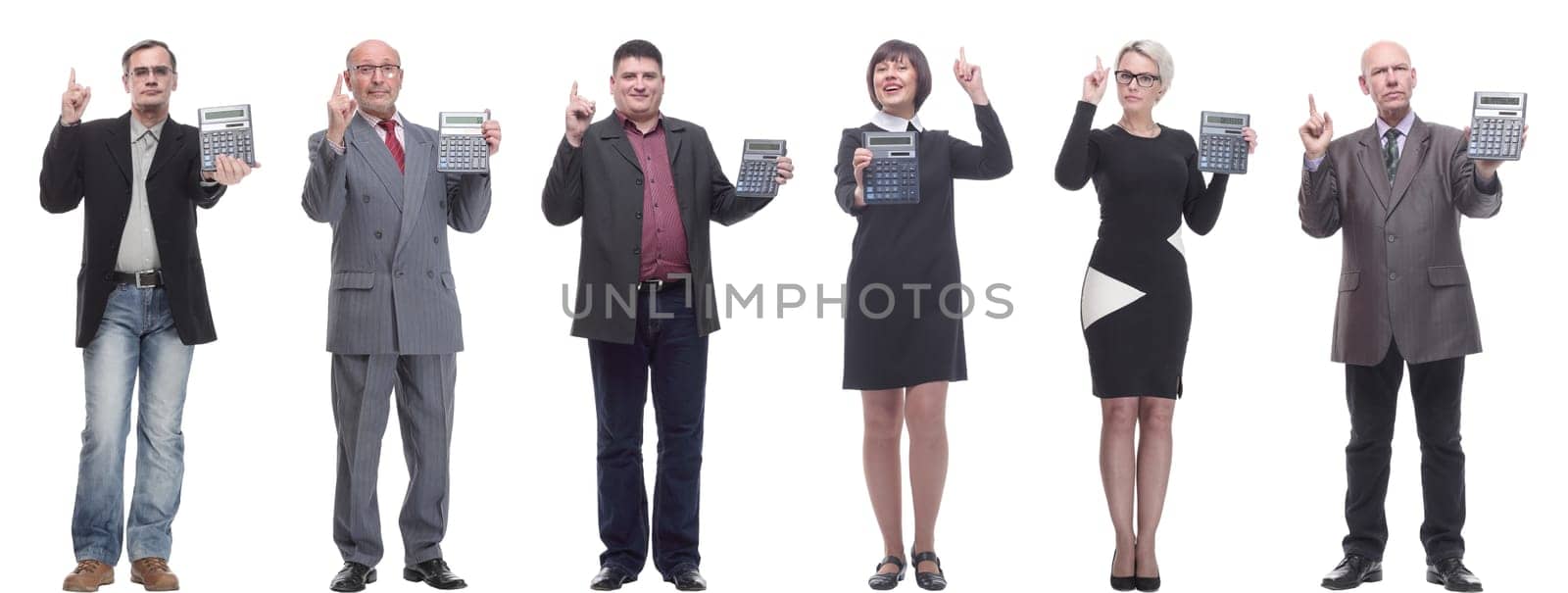 Collage of people with calculator isolated on white background