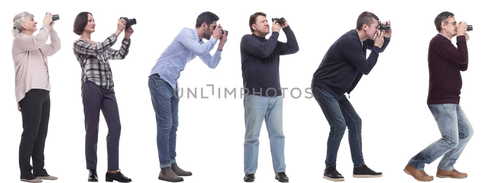 collage of group of photographers in profile isolated on white background