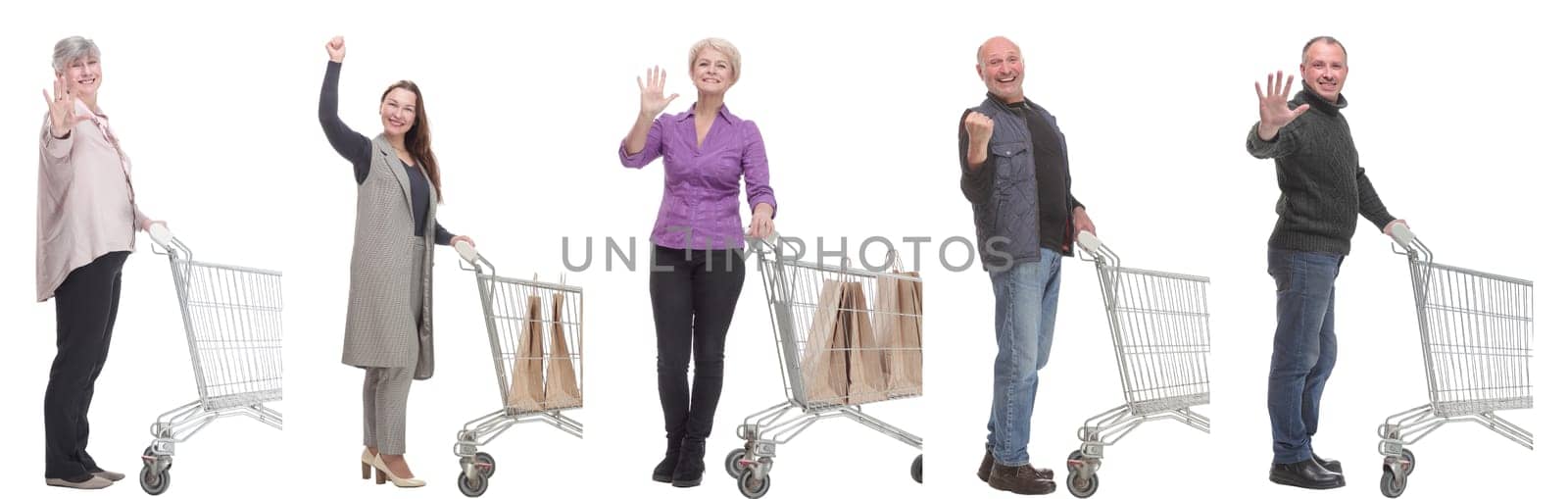 group of people with cart isolated on white background