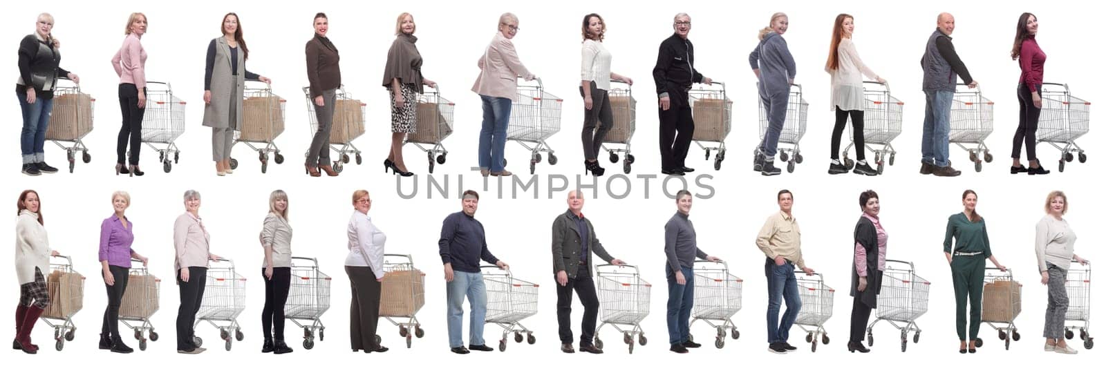 group of people with cart isolated on white background
