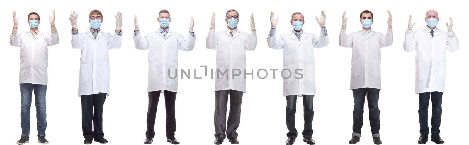 group of doctors in mask isolated on white background